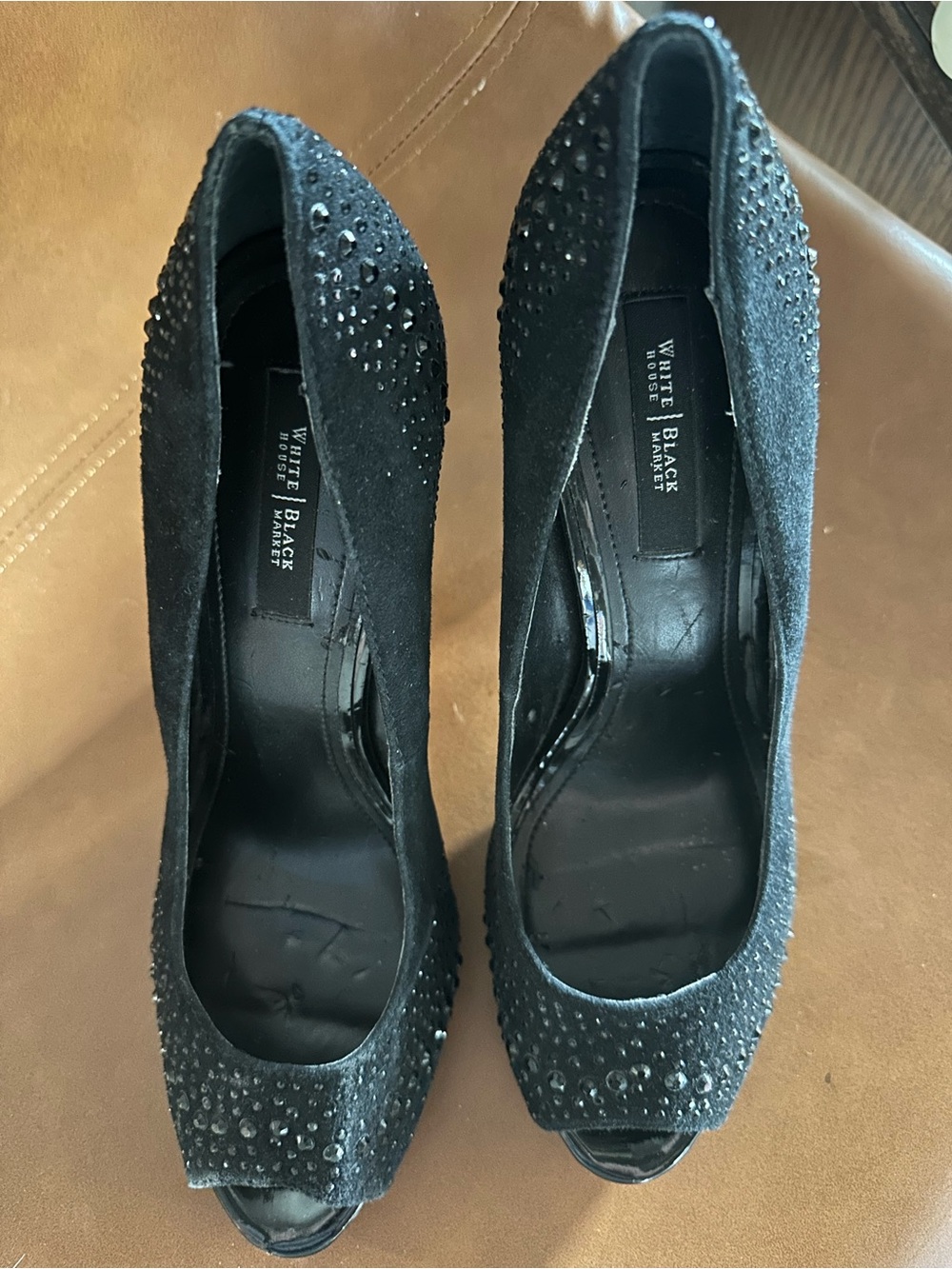 White House Black Market Black Rhinestone Peep Toe 9M Chrystol Party Stiletto - Picture 4 of 12